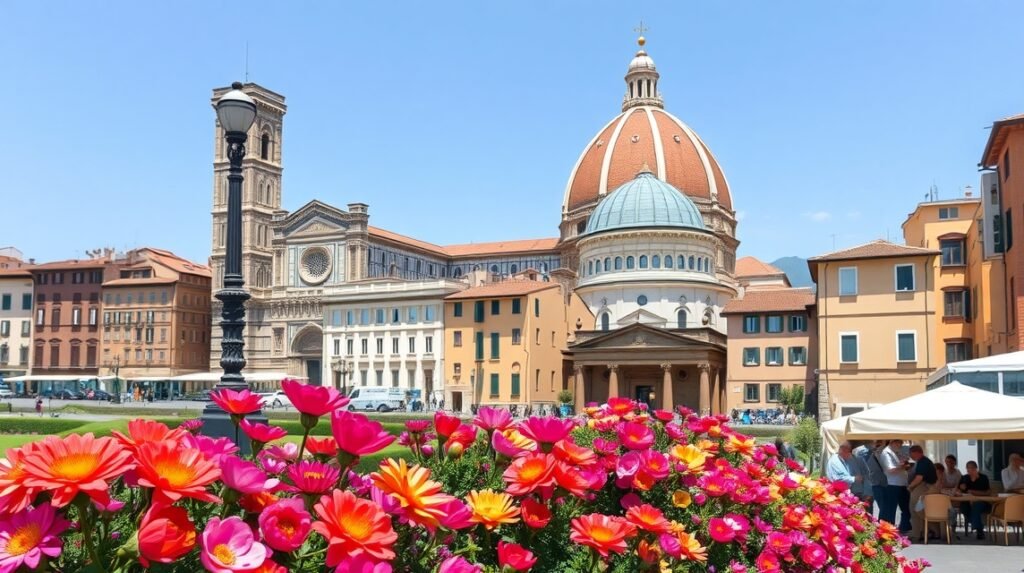 Virágzó kertek és reneszánsz építészet Firenzében tavaszi hétvégén.