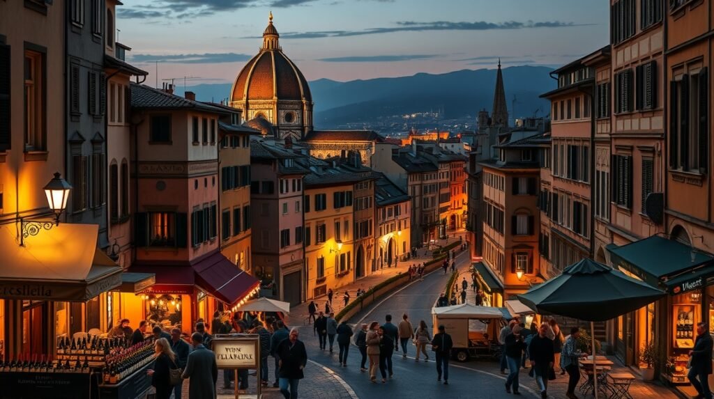 Firenze belvárosának esti látképe borbárokkal és macskaköves utcákkal.