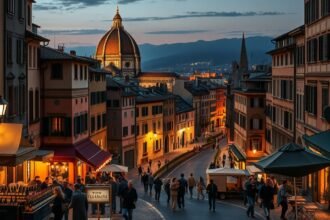 Firenze belvárosának esti látképe borbárokkal és macskaköves utcákkal.