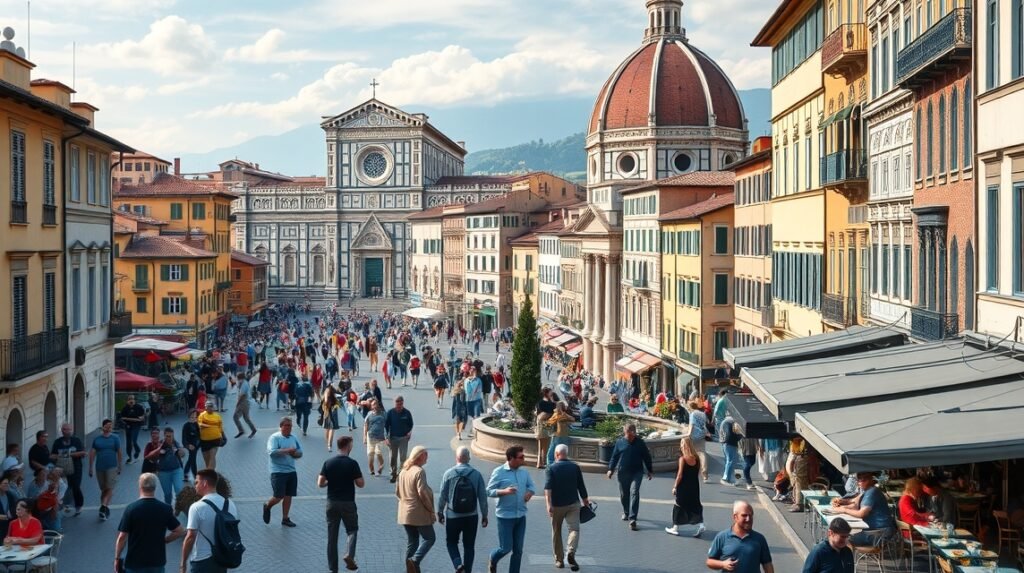 Firenze főszezonban, tömeg a város főterén, látnivalókkal.