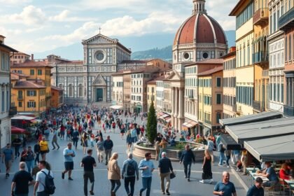 Firenze főszezonban, tömeg a város főterén, látnivalókkal.