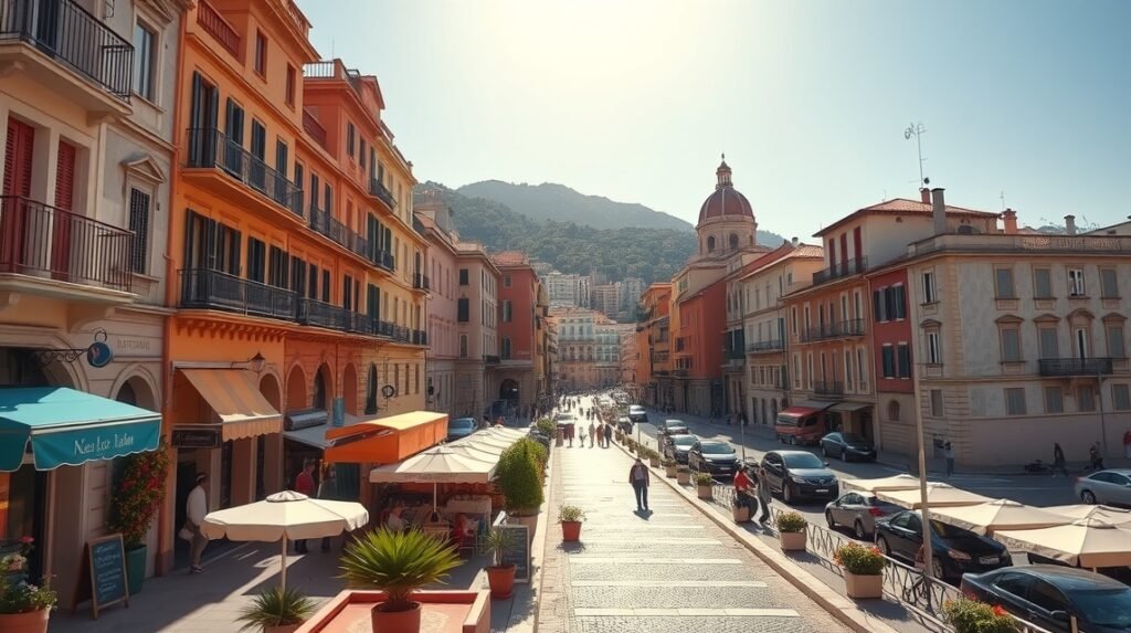 Nápolyi utcai kép napos időben, színes épületekkel és turistákkal.