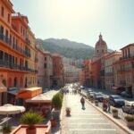 Nápolyi utcai kép napos időben, színes épületekkel és turistákkal.