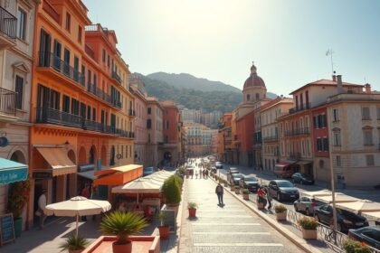 Nápolyi utcai kép napos időben, színes épületekkel és turistákkal.
