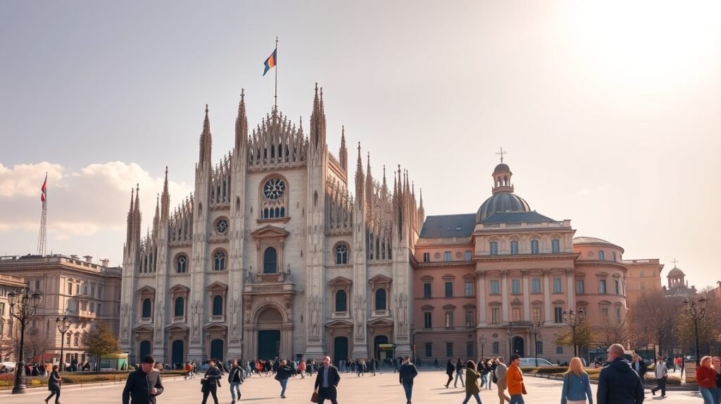 Milánói Dóm a város szívében, turisták sétálnak a téren.
