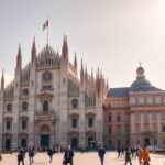 Milánói Dóm a város szívében, turisták sétálnak a téren.