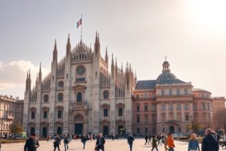 Milánói Dóm a város szívében, turisták sétálnak a téren.