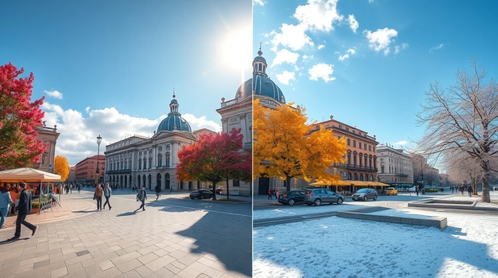 Torino utcai táj a tavaszi és téli évszakok változásaival.