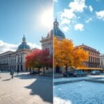 Torino utcai táj a tavaszi és téli évszakok változásaival.