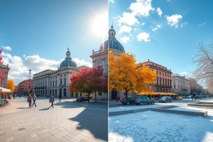 Torino utcai táj a tavaszi és téli évszakok változásaival.