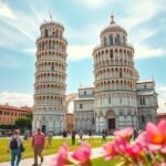 Pisa híres ferde tornya a város látnivalóival a tavaszi napsütésben