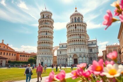 Pisa híres ferde tornya a város látnivalóival a tavaszi napsütésben