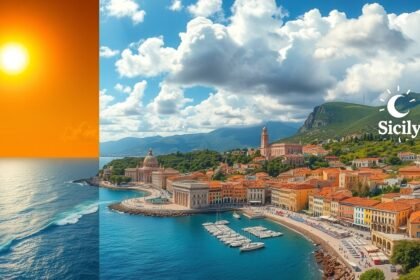 Panoráma Szicília buja partjáról napfénnyel és felhőkkel.