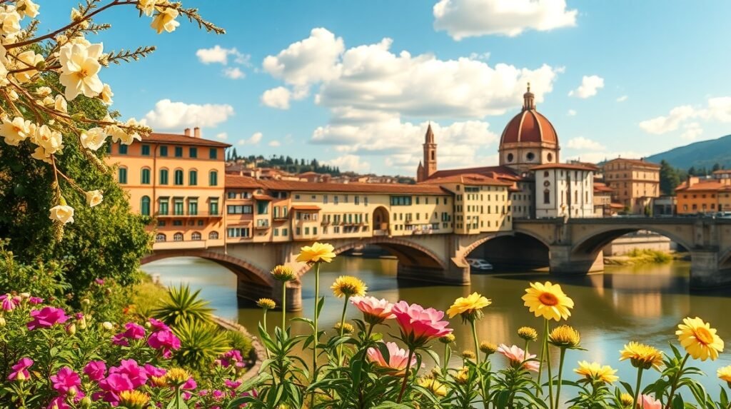 Firenze városa, virágokkal és a Ponte Vecchio híddal a háttérben.