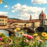 Firenze városa, virágokkal és a Ponte Vecchio híddal a háttérben.