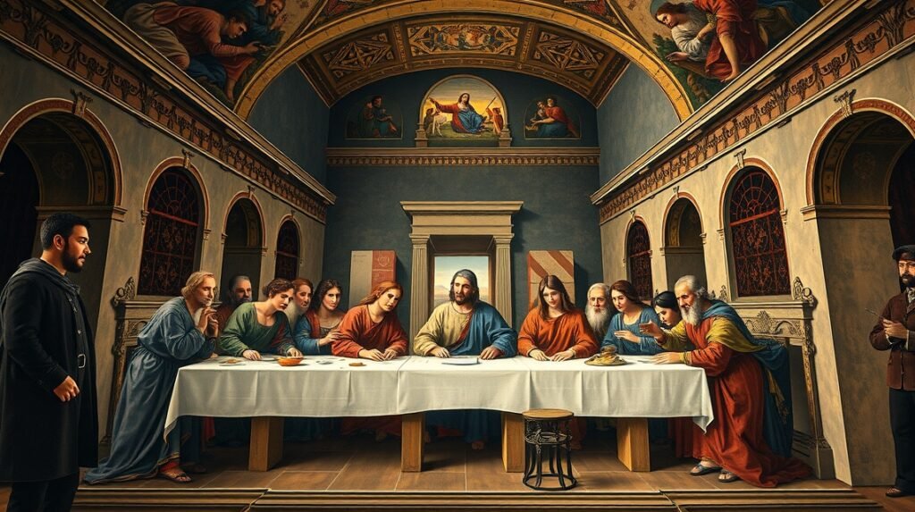 Leonardo da Vinci Az utolsó vacsora című festménye a Santa Maria delle Grazie-ben.