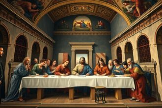 Leonardo da Vinci Az utolsó vacsora című festménye a Santa Maria delle Grazie-ben.