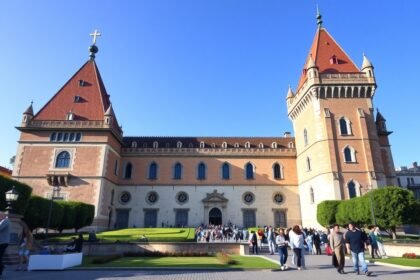 Castello Sforzesco főbejárata Milánóban, látogatók körében.