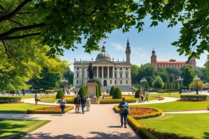 Séta a Parco Sempione parkban Milánóban zöld tájjal és műemlékekkel.