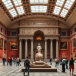 A Pinacoteca di Brera belső terének képe Milánóban, művészetkedvelők körében.