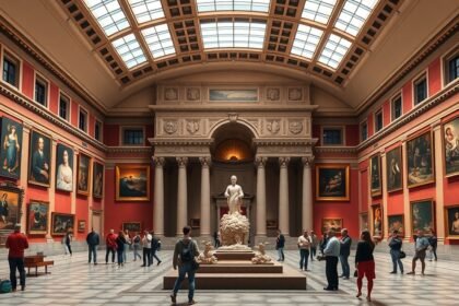 A Pinacoteca di Brera belső terének képe Milánóban, művészetkedvelők körében.