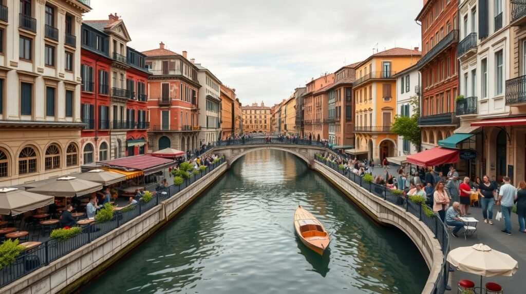Milánó Navigli csatornai, gyönyörű épületekkel és élénk éttermekkel.