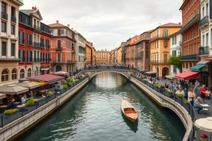 Milánó Navigli csatornai, gyönyörű épületekkel és élénk éttermekkel.