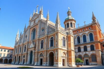 Basilica di Sant’Ambrogio impozáns homlokzata Milánóban