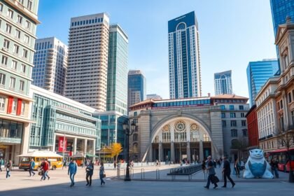 Piazza Gae Aulenti modern városrésze Milánóban, futurisztikus épületekkel.