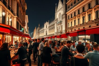 Milánói bár éjszaka, emberek aperitivot fogyasztanak.