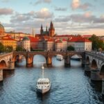 Prága híres hidai és építészeti látványosságai a Vltava folyón.