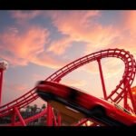 Ferrari World Formula Rossa hullámvasút Abu Dhabiban naplementében.