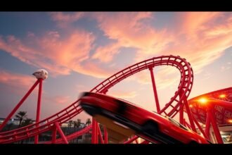 Ferrari World Formula Rossa hullámvasút Abu Dhabiban naplementében.