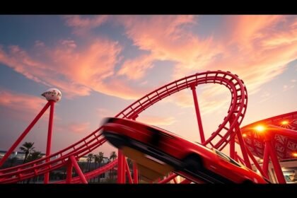 Ferrari World Formula Rossa hullámvasút Abu Dhabiban naplementében.