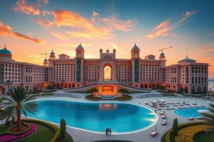 Az Emirates Palace luxusszálloda Abu Dhabiban, gyönyörű naplementében