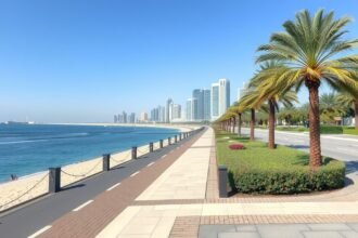 Abu Dhabi Corniche tengerparti sétány, gyönyörű városi panorámával