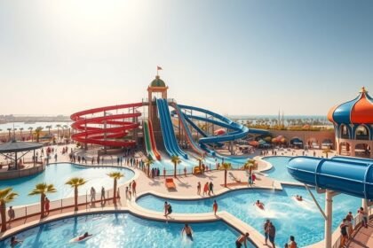 Yas Waterworld vízi vidámpark Abu Dhabiban, csúszdák és medencék