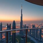 Látkép az Abu Dhabi Observation Deck at 300 kilátóból naplementében.