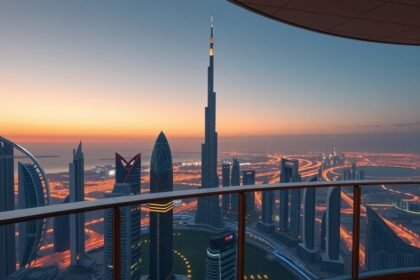 Látkép az Abu Dhabi Observation Deck at 300 kilátóból naplementében.