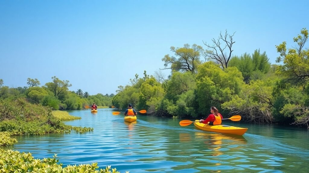 Kajakozás a Mangrove Nemzeti Parkban, Abu Dhabi nyugodt vízén.