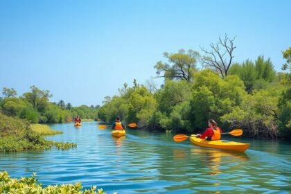 Kajakozás a Mangrove Nemzeti Parkban, Abu Dhabi nyugodt vízén.