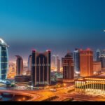 Abu Dhabi éjszakai látképe kivilágított felhőkarcolókkal