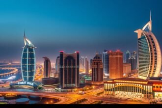 Abu Dhabi éjszakai látképe kivilágított felhőkarcolókkal