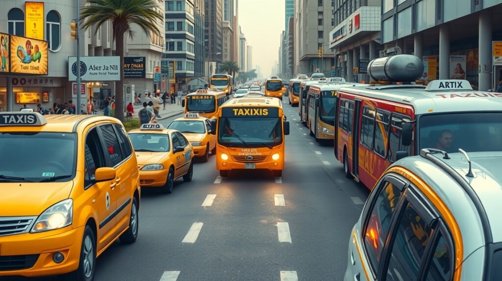 Külvárosi közlekedés Abu Dhabiban taxikkal és buszokkal.