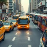 Külvárosi közlekedés Abu Dhabiban taxikkal és buszokkal.