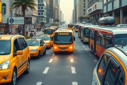 Külvárosi közlekedés Abu Dhabiban taxikkal és buszokkal.