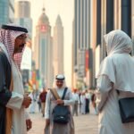 Két arab férfi beszélget az Abu Dhabi utcáin, hagyományos öltözetben.