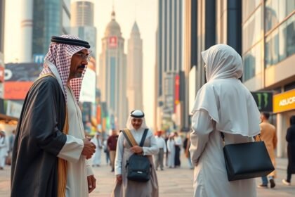 Két arab férfi beszélget az Abu Dhabi utcáin, hagyományos öltözetben.