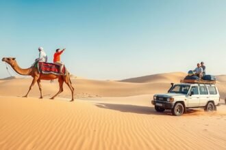 Sivatagi dűnék és tevegelés Abu Dhabiban