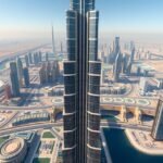 Kilátás a Burj Khalifáról, Dubai városközpontjára.